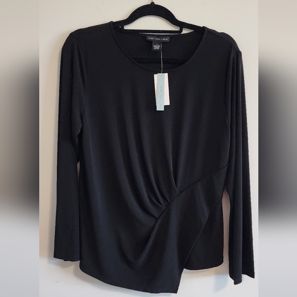 NWT Joan Vass Black Asymmetrical Ruched Long Sleeve Blouse Size XL